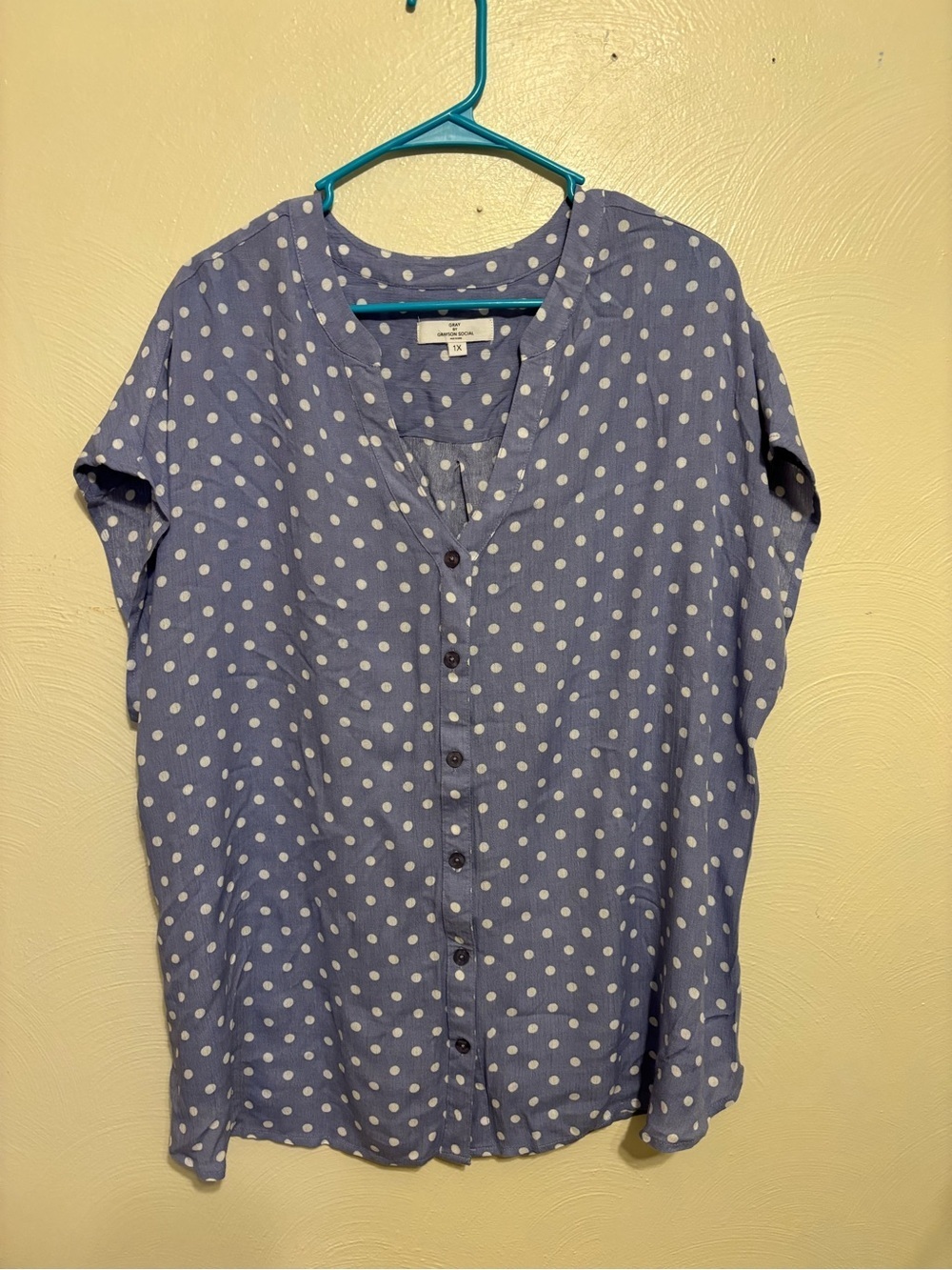 Grayson Social 1X Blue White Polka Dot Rayon Blouse Plus Size Button Front Top